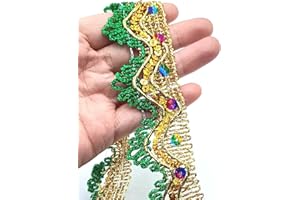 YOOGCORETT 5 Yards Green & Gold Sequin Ribbon Lace Trim Glitter Metallic Flat Sequin for Sewing Dress Costume Embellishments Headband and Crafts Sequin - Width 1.5"Inch (Inelastic)