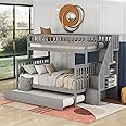 Baysitone Bunk Bed, Bunk Beds Twin Over Full Size, Bunk Bed with Trundle and Stairs, Solid Wood Bunk Bed Frame with 4 Storage for Kids, Girls, Boys, Toddler, No Box Spring Needed (Gray)