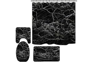 Black Marble Shower Curtain with Bath Rugs Sets, 4 Pcs Marble Patterns Bathroom Décor with Toilet Seat Cover, Non-Slip Mats, 
