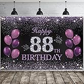 JOYKY Happy 88th Birthday Banner, Purple Happy 88th Birthday Party Decorations for Women, 88 Year Old Birthday Supplies Backdrop Décor, 5.9 X 3.8 Fts