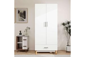 VivaVista Wardrobe Closet with 2 Doors, 71" H Armoire Wardrobe Closet, Bedroom Armoires with Drawer, White Wardrobe Cabinet for Bedroom, Closet Wardrobe with Hanging Rod, Wooden Closet Cabinet