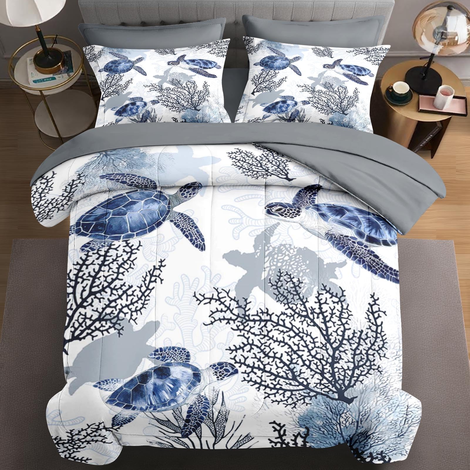 Photo 1 of WeCozy 5 Pcs Twin Size Comforter Set with Pillowcase & Sham, Ocean Sea Coral Bedding for Kids and Adults, Blue Animal Turtle Bed in a Bag with Flat Fitted Sheet