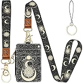 Sun and Moon 2-in-1 ID Badge Holder & Lanyard Wallet for Teachers,Nurse,Professionals-Cute Zippered Coin Pouch,Removable Wristlet & Neck Lanyard,5 Card Slots Stylish Work Essential