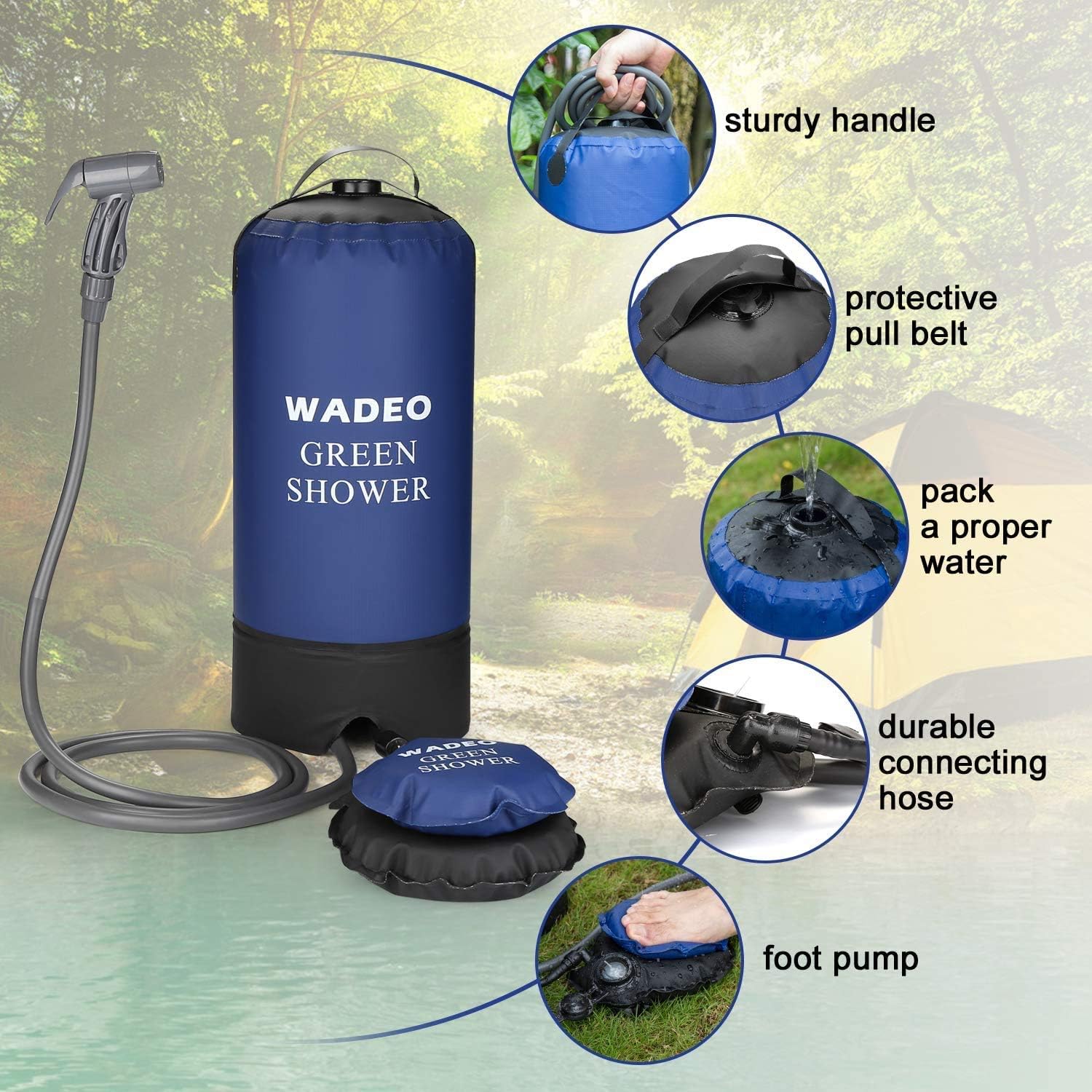 WADEO Camp Shower, 4 Gallons Portable Outdoor Camping Shower Bag Pressure Shower with Foot Pump and Shower Nozzle for Beach Swim Travel Hiking Backpacking - 15L, Blue : Sports & Outdoors