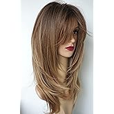 Long Layered Ombre Brown wig Synthetic Hair Fiber Highlight Multicolor brunettes Wigs for White Women (Ombre Brown)