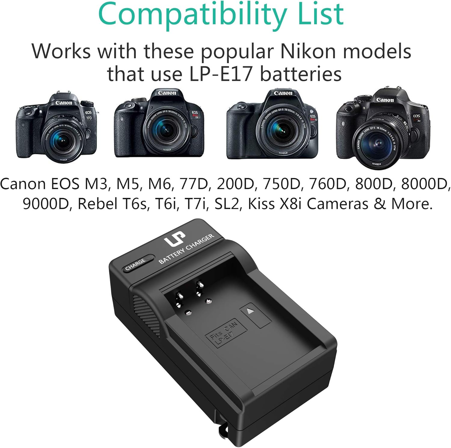 LP-E17 Battery Charger, LP Charger Compatible with Canon EOS Rebel T7i, T6i, T6s, SL3, SL2, 77D, 9000D, 8000D, 800D, 760D, 750D, 200D, M6, M5, M3, Kiss X8i DSLR Cameras & More : Camera & Photo