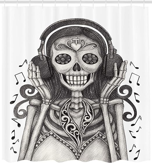 Amazon Com Lunarable Day Of The Dead Shower Curtain Dia De Los Muertos Skull And Girl With Headphones Music Lover Print Cloth Fabric Bathroom Decor Set With Hooks 105 Extra Wide Dust And