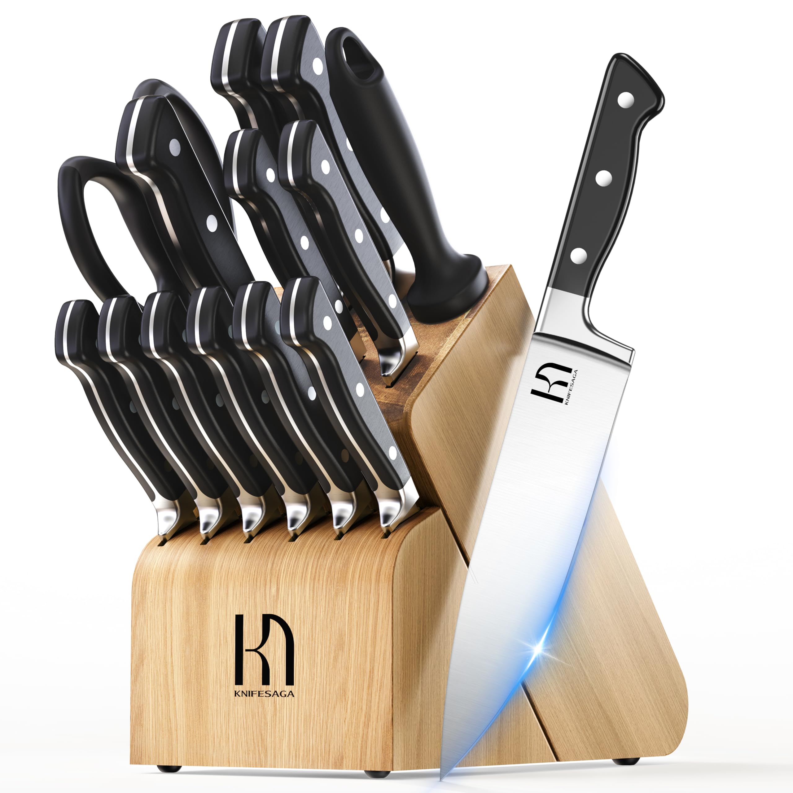 Knife Set, 15 Pcs Kitchen Knife Block Set, Enduring Razor-Sharp Japanese High Carbon Stainless Steel Chef Knife Set with Block and Sharpener, Premium Knives Set for Kitchen, Black Natural Wood Image