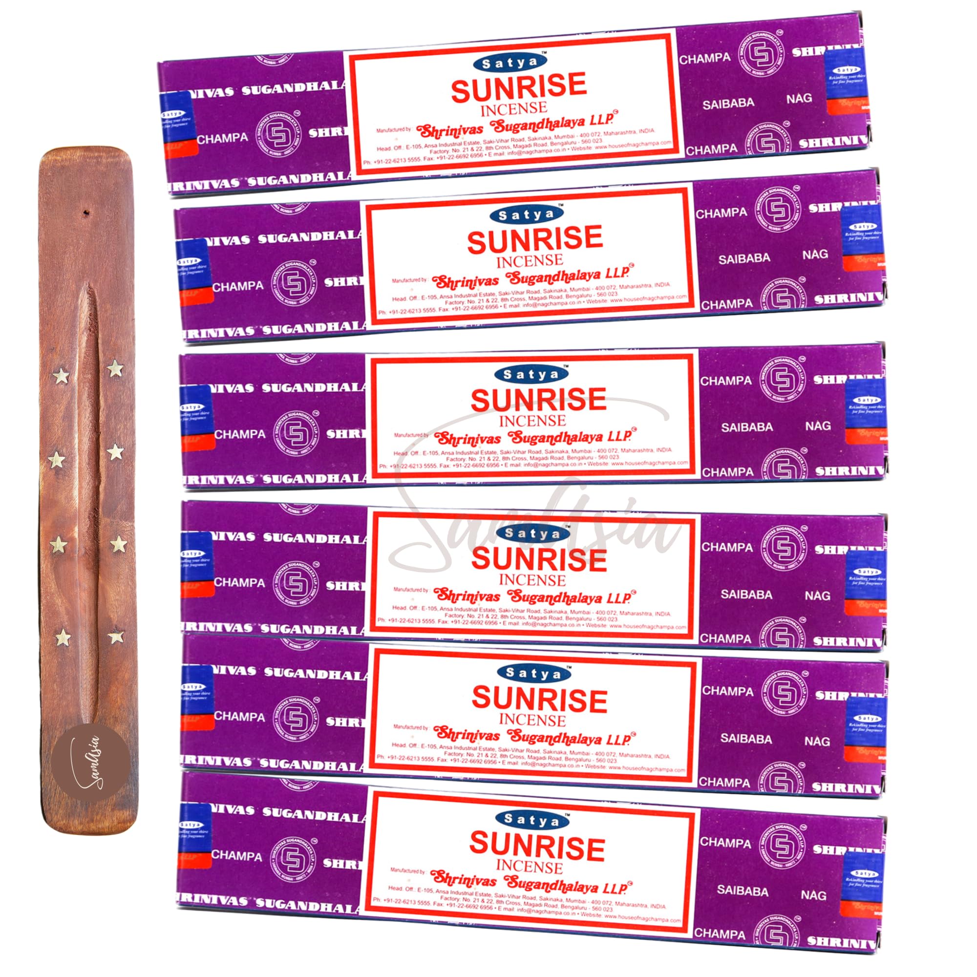 Satya Nag Champa Sunrise Incense Sticks | x6 pack | with SAMASIA incense sticks holder | Used for Aromatherapy, Spa, Yoga, Weddings, Meditation, Healing, Positivity and Relaxation