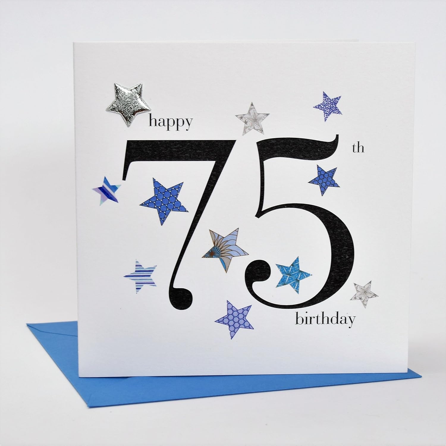 Claire Giles Greeting Cards, Happy 75th Birthday Card, Blue Stars design Age 75 Birthday Greeting Card, Embellished with a padded star - Image 3