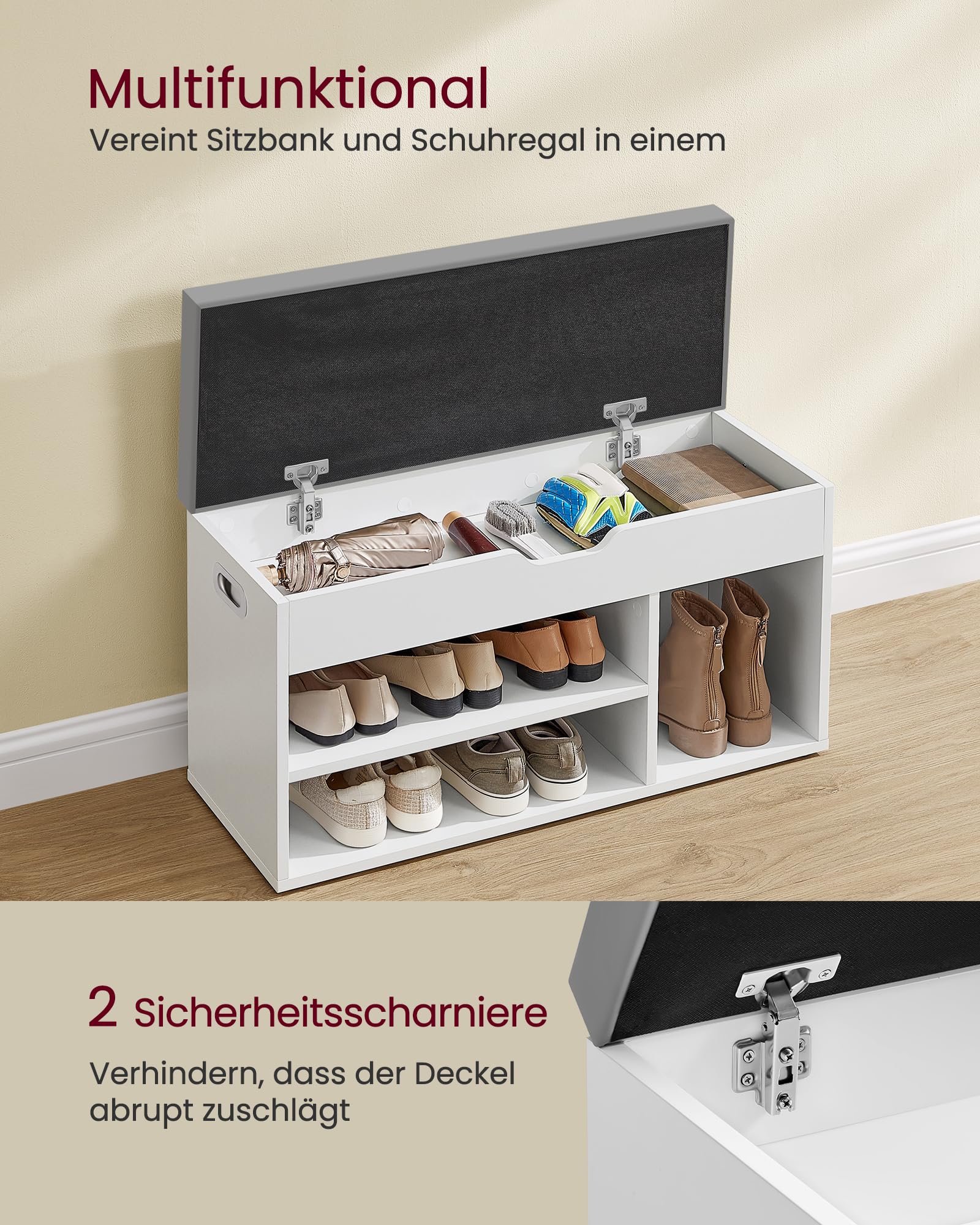 VASAGLE Schuhbank mit Sitzfläche, Sitzbank mit Stauraum, gepolstert, Fach unter Sitzkissen, Schuhregal Wohnzimmer, Flur, bis 136 kg belastbar, 30 x 80 x 44 cm, wolkenweiß-Taubengrau LHS030W01 4
