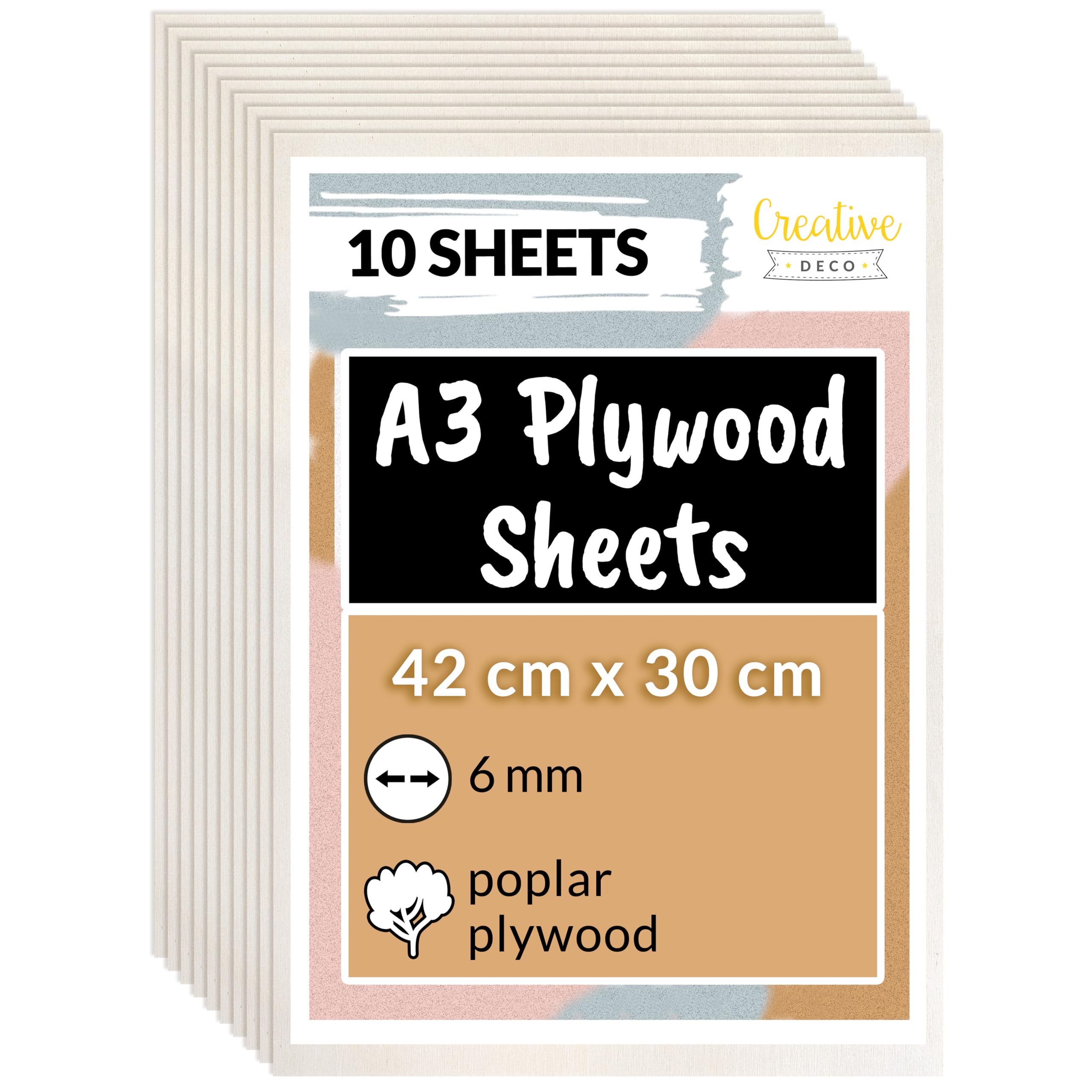 Creative Deco 10 x A3 Plywood Sheets | 420 x 300 x 6 mm (+/- 2mm) | Poplar Wood Ply | Perfect Board for Wood Board DIY Home Decor Arts Craft Painting Laser Cutting CNC Scroll Saw Stenciling Pyrography