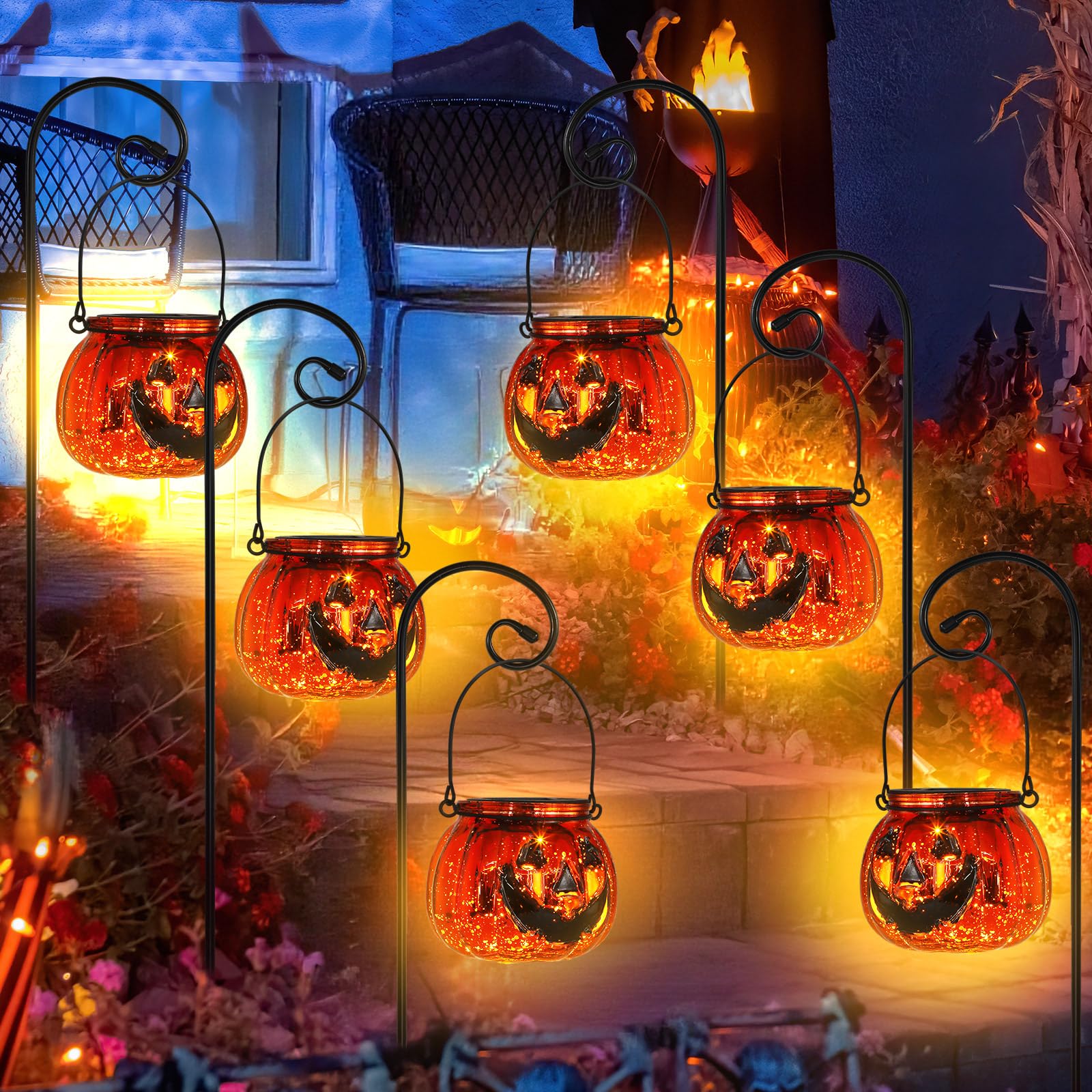 Photo 1 of Baquler 47 Inch 6 Pcs Solar Pumnkin Pathway Light, Halloween Jack O Lantern Pumpkin Glass Outdoor Lights Stakes for Yard Driveway Walkway Landscape Garden Ghost Party Favors Halloween Decoration