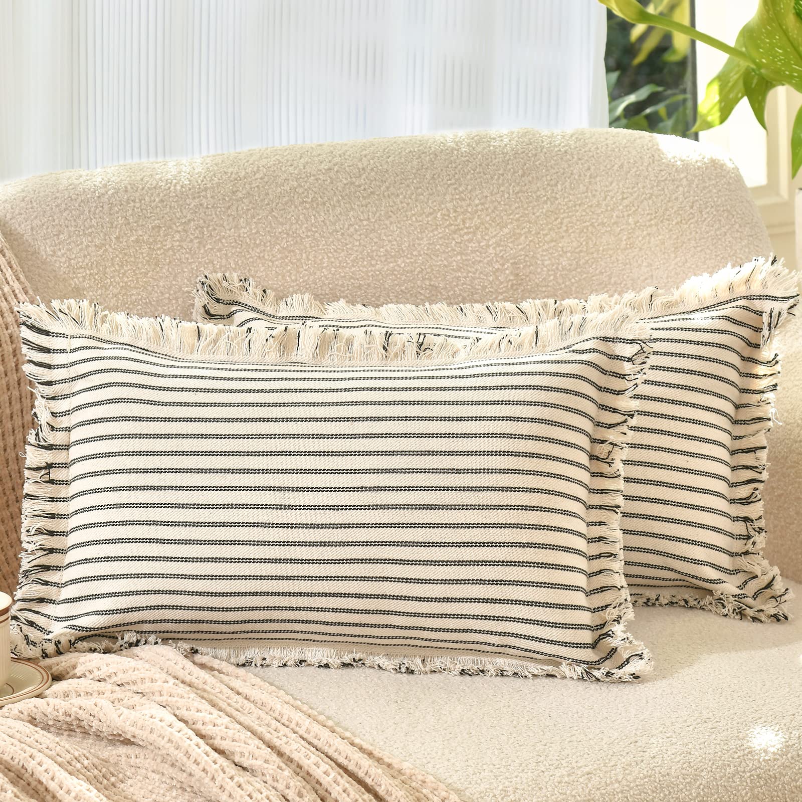 Photo 1 of ZWJD Throw Pillow Covers 12x20 Set of 2 Striped Pillow Covers with Fringe Chic Cotton Decorative Pillows Square Cushion Covers for Sofa Couch Bed Living Room Farmhouse Decor