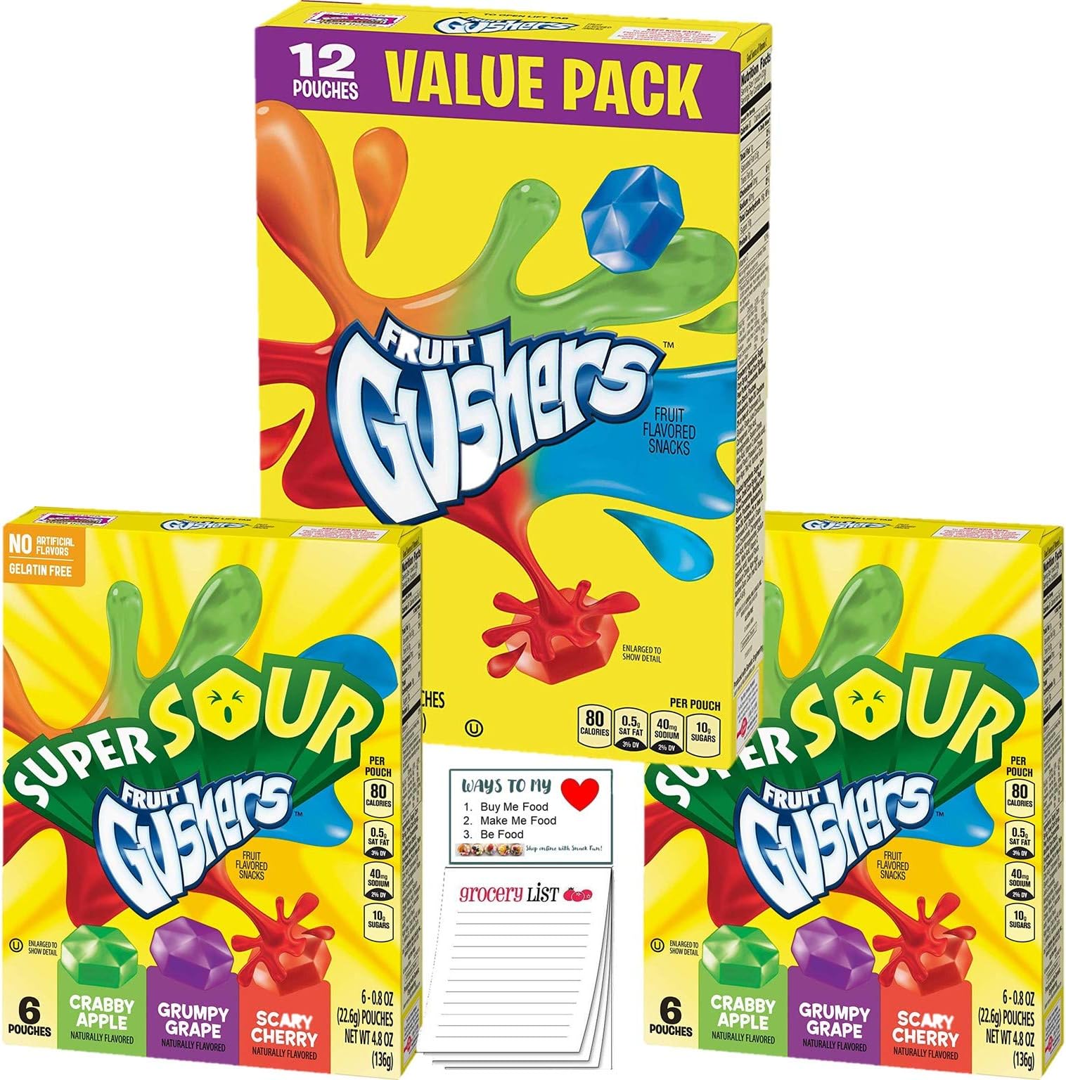 Gushers Variety Pack 12 Pouches |Super Sour Gushers Fruit Flavored Snacks 12 Pouches | Snack Fun Shopping Pad | School Lunch Snack Assortment