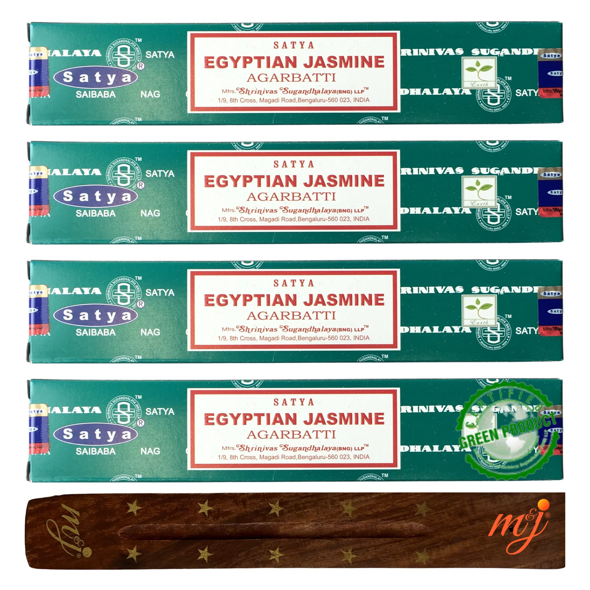 Original Satya Nag Champa Egyptian Jasmine Incense Sticks | with M&J incense sticks holder | x4 pack | for Aromatherapy, Spa, Yoga, Weddings, Meditation, Healing, Positivity and Relaxation — image 1