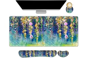 ARTSO Large Gaming Mouse Pad Set, Keyboard Wrist Rest Support + Mouse Wrist Cushion + Extended Mousepad + Coaster, 35x15.5in Multifunctional Desk Mat 4pcs, Oil Painting Flowers