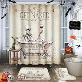 Tayney Halloween Bathroom Sets with Shower Curtain and Rugs, Get Naked | Set of 4 Skeleton Vintage Funny Bathroom Decor Set with Toilet Lid Cover, Non-Slip Bath Mats and Accessories 12 Hooks