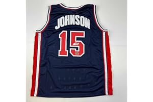 HOFSM.COM HALL OF FAME SPORTS MEMORABILIA Facsimile Autographed Earvin Magic Johnson United States Team USA Olympics Blue Reprint Laser Auto Basketball Jersey Size Men's XL
