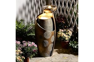 Tankana Outdoor Water Fountain Feature Indoor Garden Large Jar Floor Standing Fountains Waterfall with LED Light & Pump for Home Decor Office Yard Patio Deck Porch, Goldish-Bronze, 32 inches