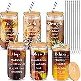 Maxcheck 6 Set Christian Gift Faith Glass Tumblers Cups with Lids and Straws for Men Women Inspirational Appreciation Bible Verse Drinking Religious Coffee Cup Birthday Mom Gift