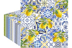 Fitumiw 80Pcs Blue Tiles Lemon Paper Napkins Summer Fruit Disposable Napkins Lemon Printed Decorative Napkins for Party Supplies Table Decor