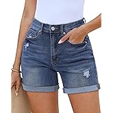 Utyful Jean Shorts for Women High Waisted Trendy Casual Summer Distressed Jorts Ripped Fold Hem Stretchy Denim Shorts