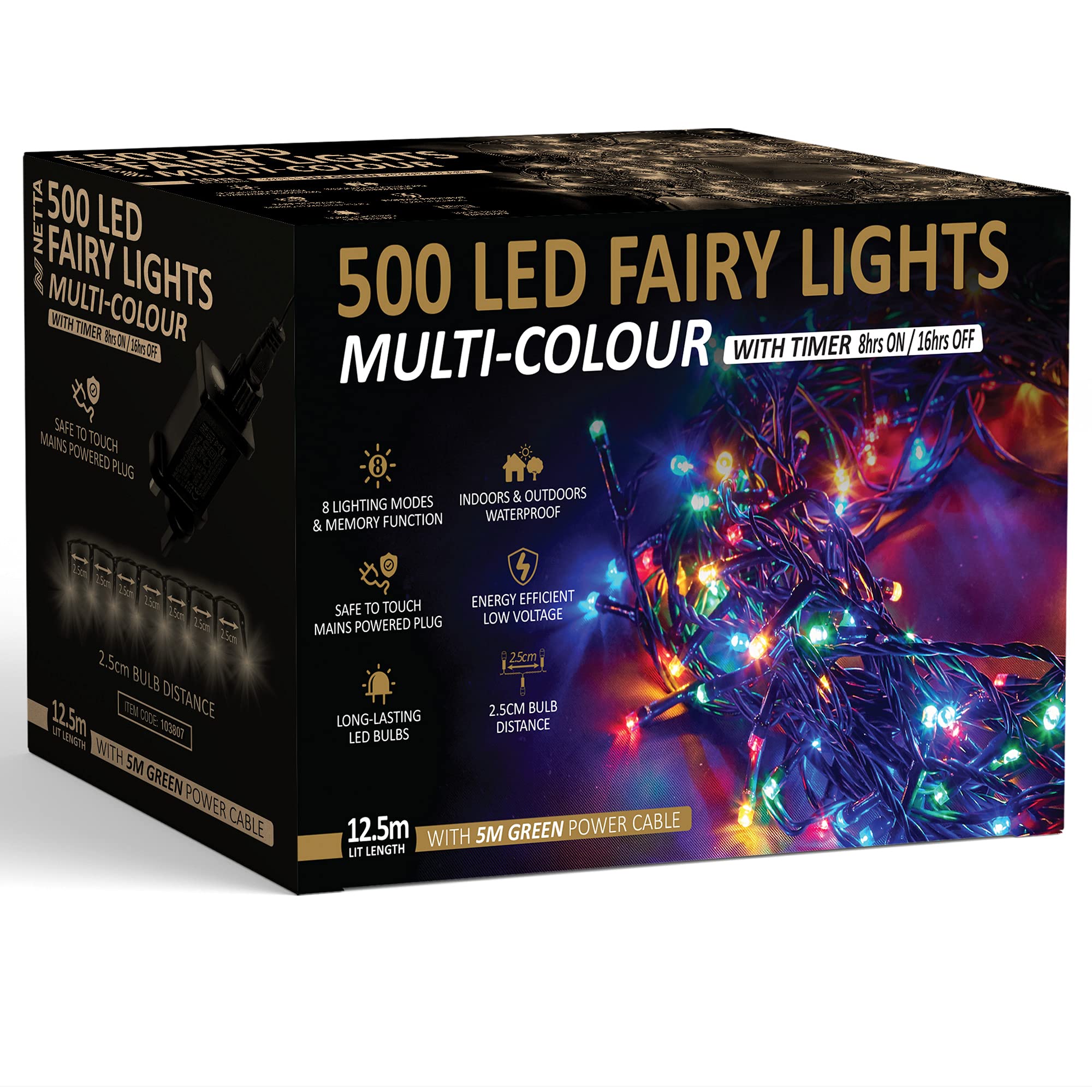 Christmas Tree Lights 500 LED 12.5m Multi-Colour - 2.5cm Bulb Distance Fairy String Lights Plug in with Timer and Memory Functions - Suitable for Outdoor/Indoor Use