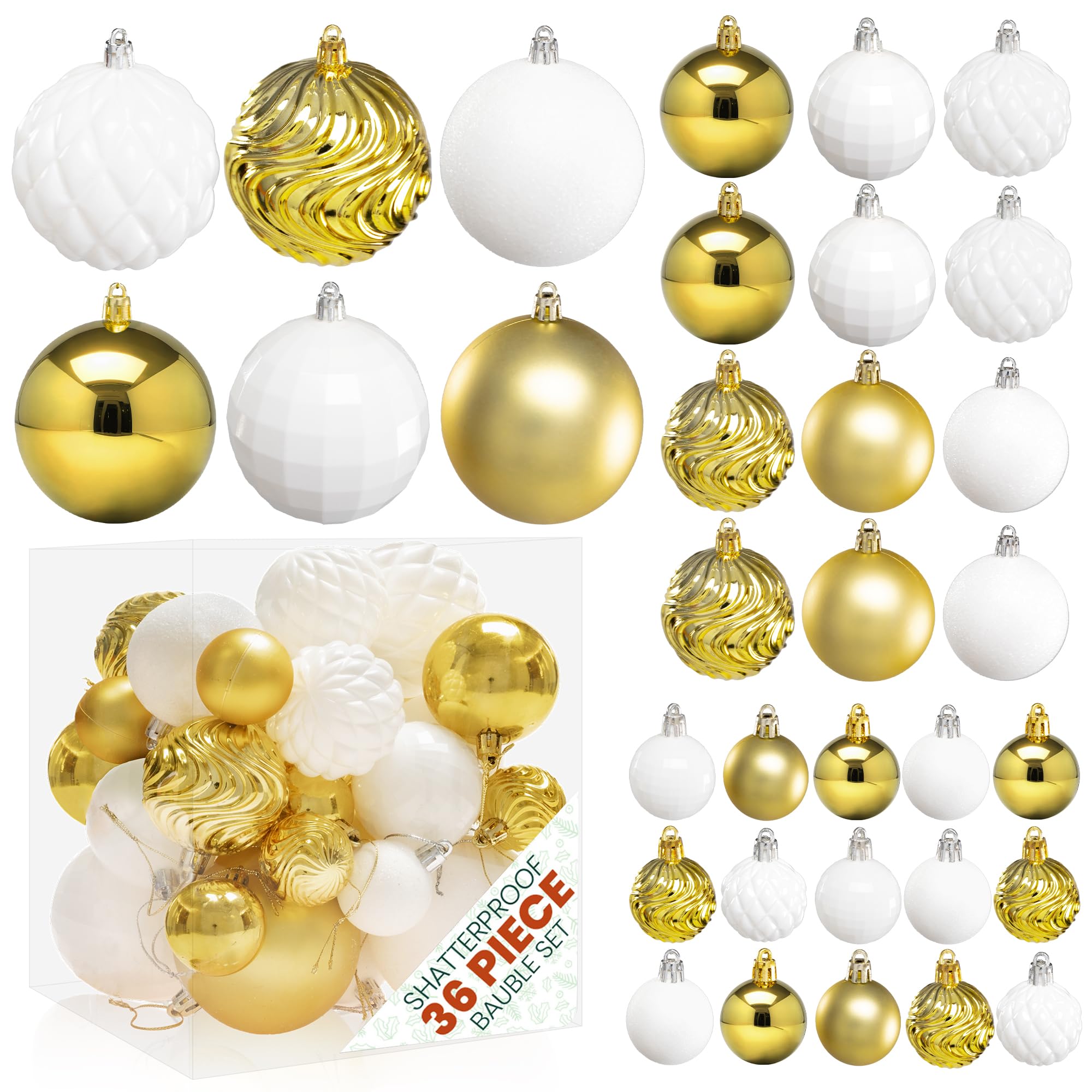 Pelle & Sol 36-Piece Christmas Decorations Bauble Set - Shatterproof Christmas Tree Decorations - Glitter, Disco Ball, Swirl Designs - Christmas Baubles in Assorted Sizes - Gold, White