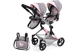 Bayer Twin Doll Pram Neo, Grey, Pink with Butterfly, Jean Look