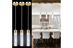 Esfos Pendant Lights Kitchen Island 6500K, LED Island Lights for Kitchen with Modern Crystal Bubble Glass, Pendant Lighting Hanging Light Fixture, Brushed Gold Pendant Light Fixtures 3 Pack