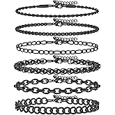 6PCS Stainless Steel Bracelets for Men, Silver Gold Black Sturdy Cuban Link Box Rope Wheat Chain Paperclip Figaro Bracelet for Women Men Jewelry Set