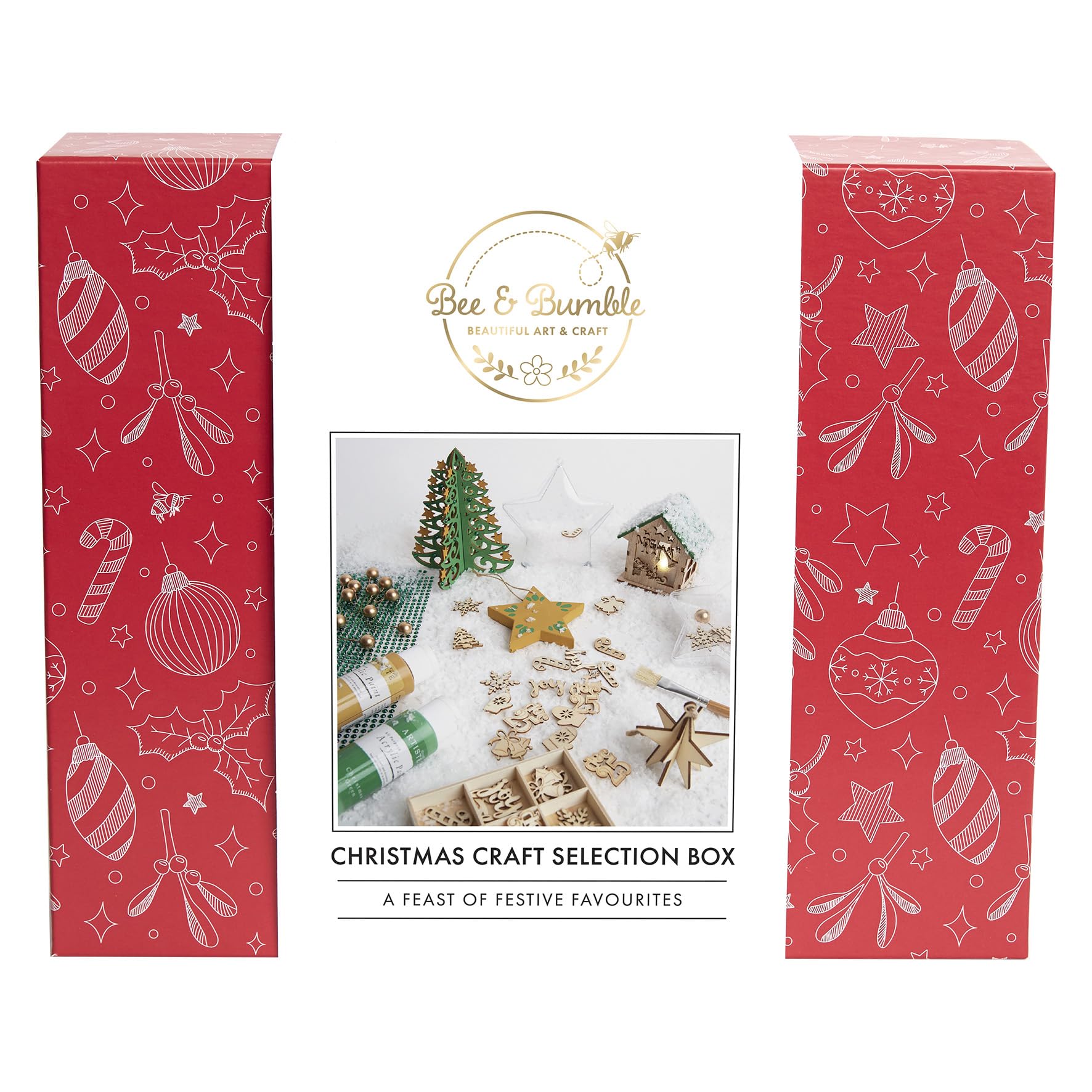 Bee & Bumble Christmas Craft Selection Craft Box, Wooden Shapes, Embellishments, Fillable Baubles, Star Decoration, LED Shadow Box House, Acrylic Paints 59ml, Festive Decorations, Scrapbooking