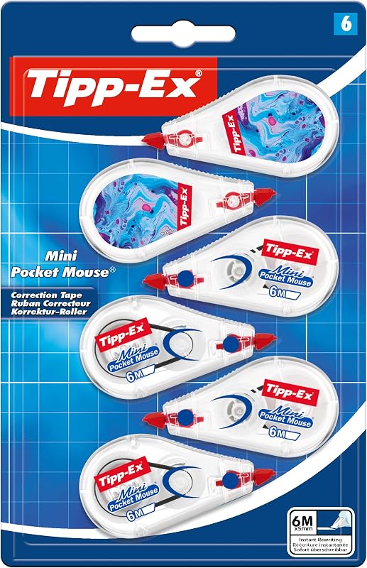 Correttori a Nastro Mini Pocket Mouse con Pellicola Resistente - 2 Design Hydro Dipping e 4 Classici, Confezione da 6