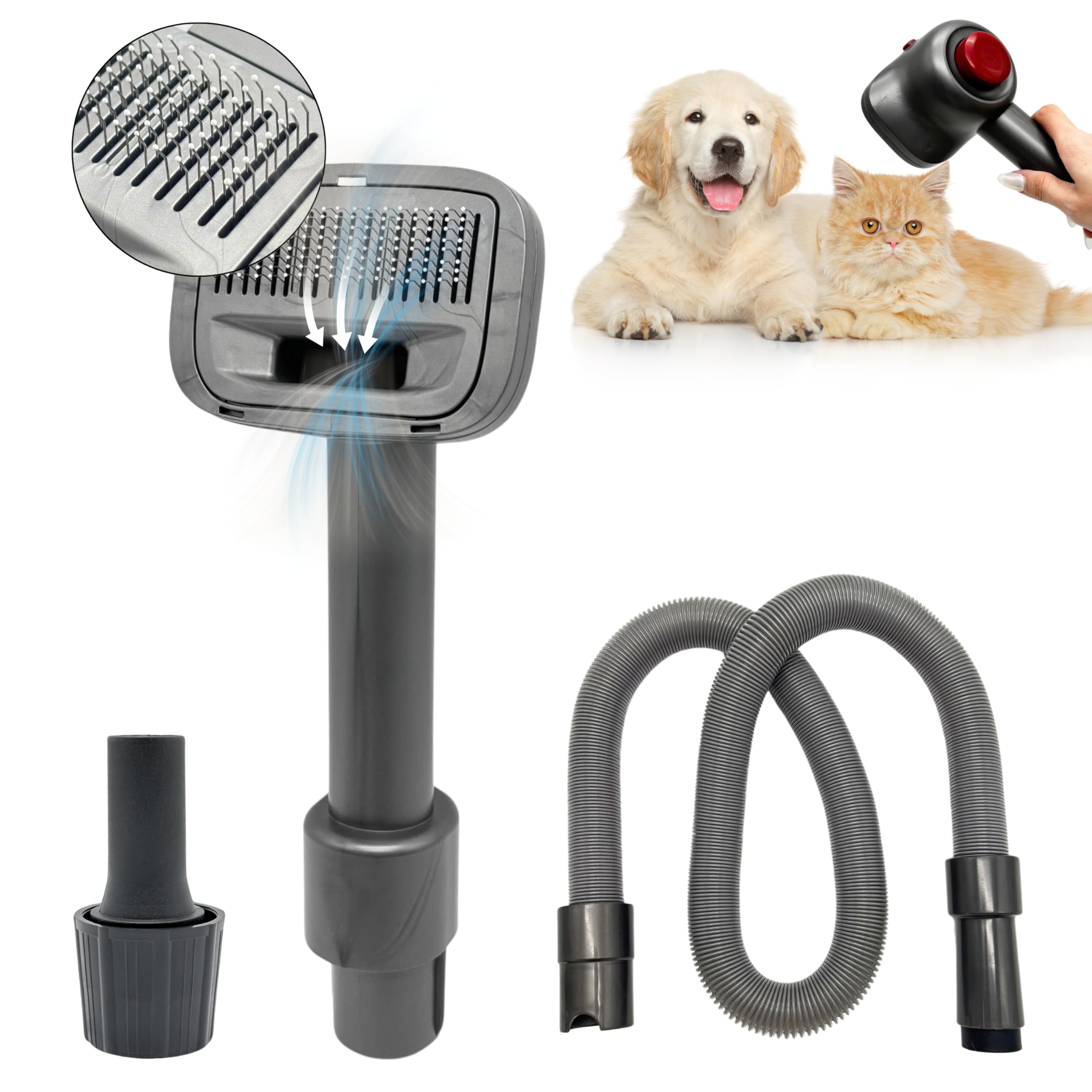 View 1 of 1.25" Pet Hair Grooming Brush Vacuum Attachment for Dogs Cats with Vacuum Extension Hose (Up to 138" Long) – Compatible with Most Standard Vacuum Cleaners with 1-1/4" (32mm) Outer Diameter Hoses