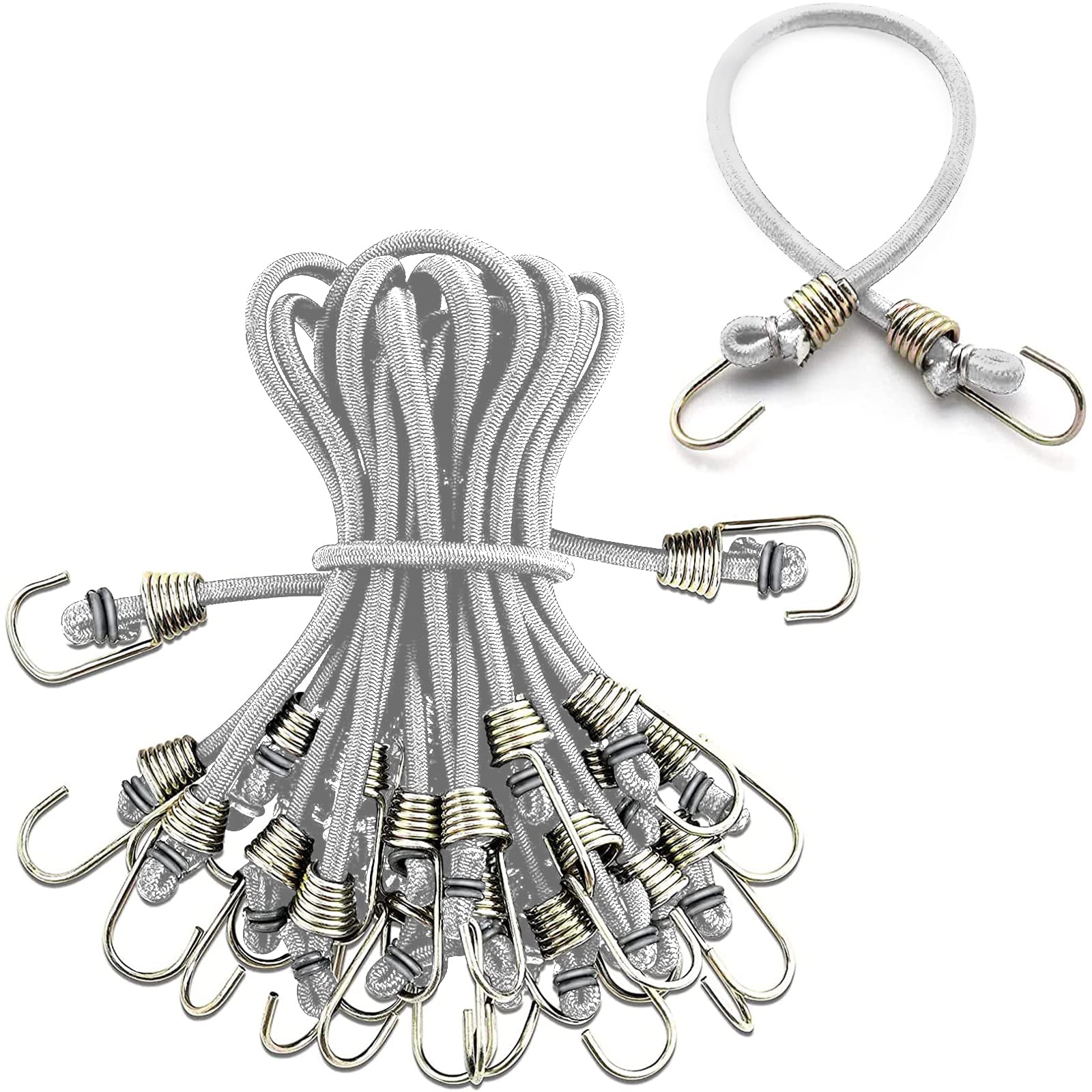 Morobor White Elastic Rope Rubber Strap, 10pcs Mini Bungee Cords with Metal Hooks, Rubber Stretchy Bungee Cords with Hooks for for Bikes, Wire Racks, Tents and Hand Carts etc