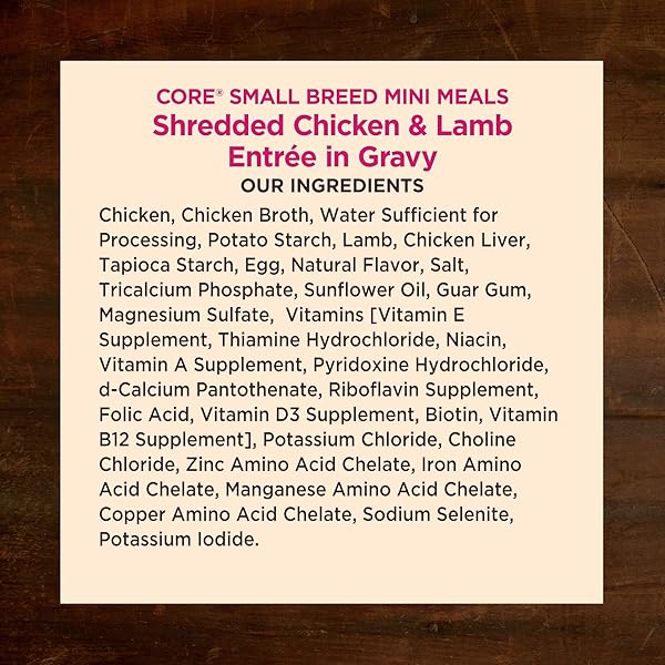 WELLNESS CORE NATURAL GRAIN FREE SMALL BREED MINI MEALS WET DOG FOOD, SHREDDED CHICKEN & LAMB ENTRÉE IN GRAVY, 3-OUNCE POUCH (PACK OF 12)