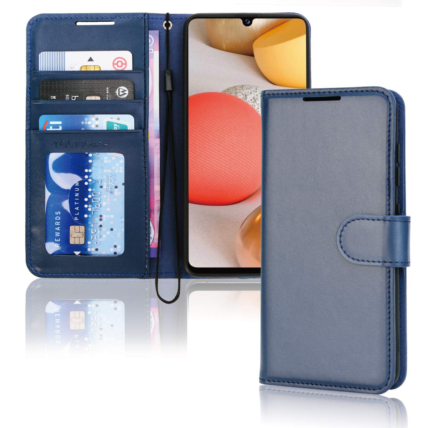 TECHGEAR Galaxy A42 5G Leather Wallet Case, Flip Protective Case Cover with Wallet Card Holder, Stand and Wrist Strap - Blue PU Leather with Magnetic Closure Designed For Samsung A42 5G