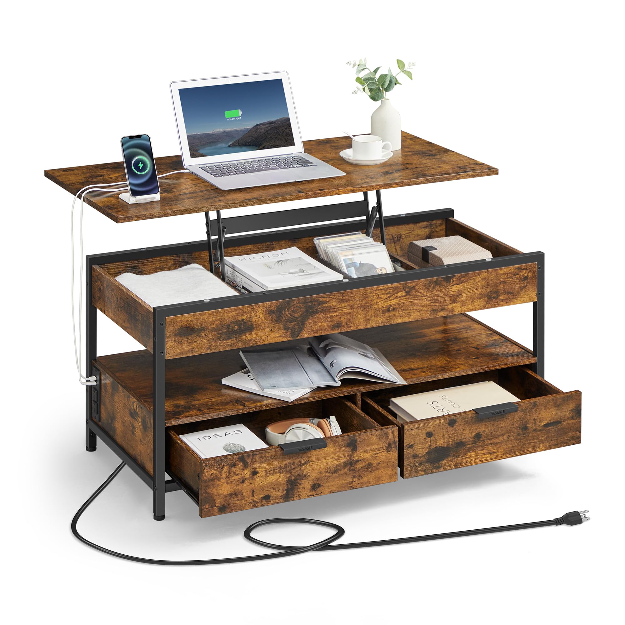 VASAGLE Lift Top Coffee Table with Storage Drawers and Charging Station, Coffee Table for Living Room with Lifting Top, Hidden Compartments and Open Shelf, Rustic Brown and Classic Black ULCT206B01