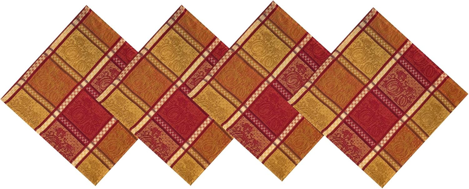 Lintex Pumpkin Festival Jacquard Thanksgiving and Fall Harvest Cotton Fabric Napkins - Pumpkin Gingham Autumn Jacquard Cotton Weave Kitchen and Dining Room Napkins, Set of 4 Napkins