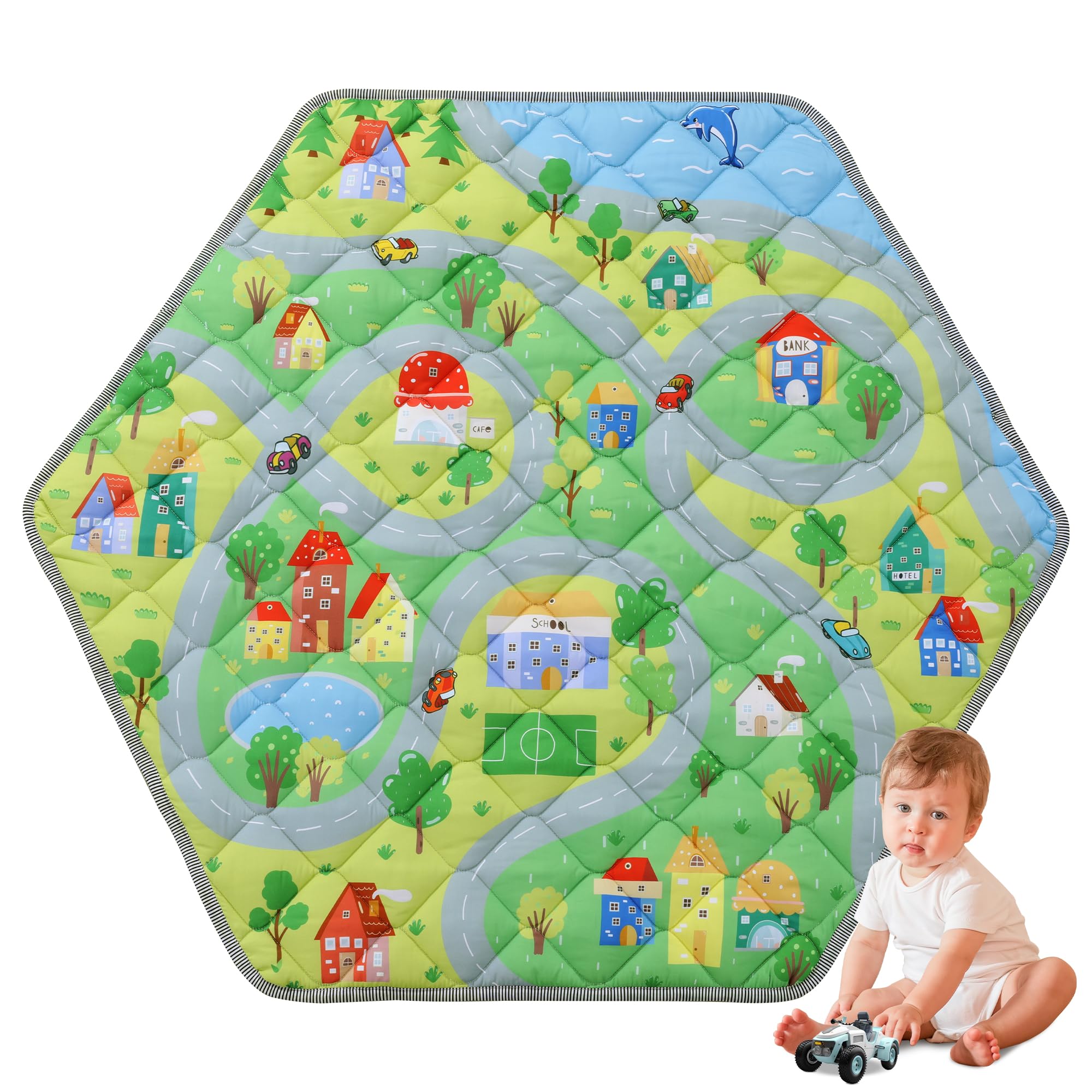 Photo 1 of HOMBYS Hexagon Playpen Mat, 52x45 Thicken Soft Playpen Mat Fits Hexagon Portable Play Yard & Playpen, Washable Baby Play Mat Non-Slip Mat for Toddler Kids Crawling & Play, (Road & Car Pattern)