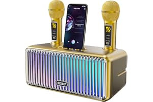 DLARA Karaoke Machine for Adults and Kids,Portable Bluetooth Speaker with 2 UHF Wireless Microphones Karaoke Speaker pa System with Colorful Gradient LED Lights for Home Parties,Wedding,Church,Picnic-Gold