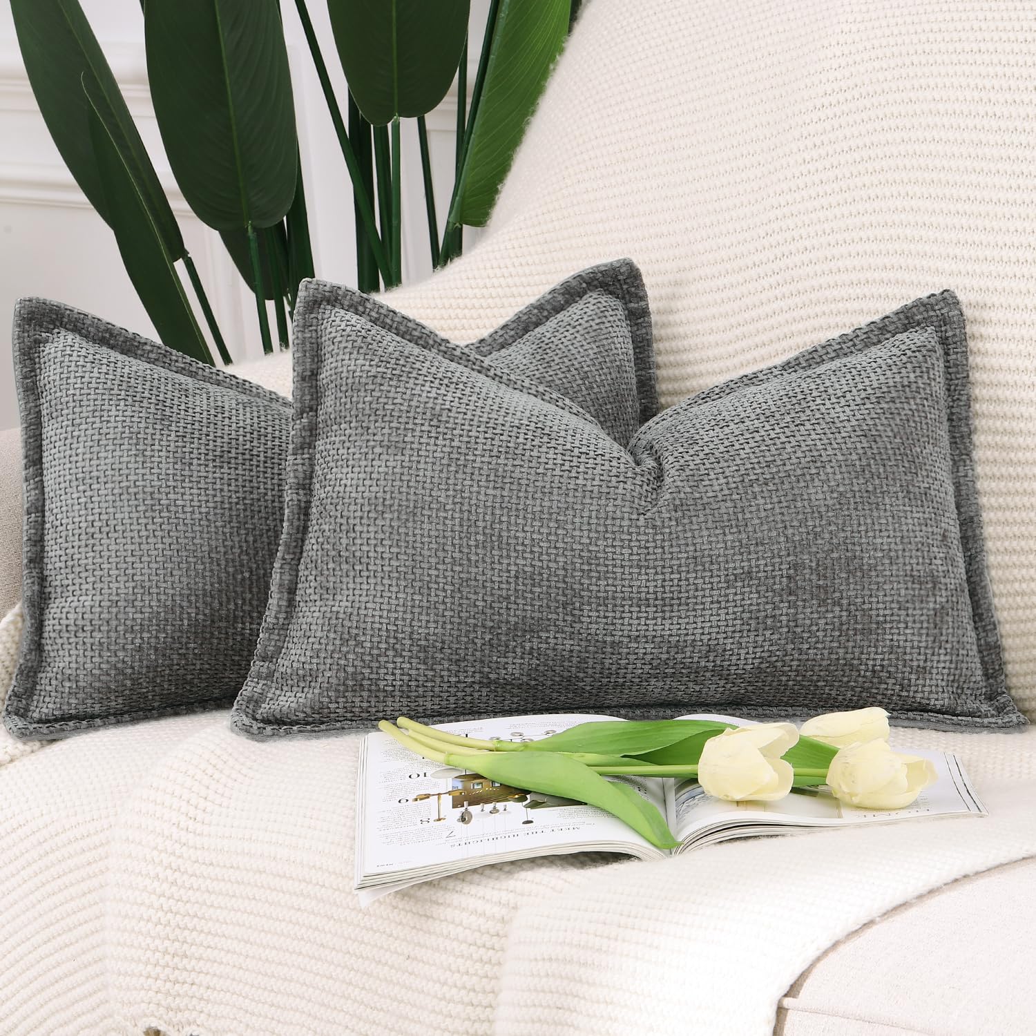 Madizz Set of 2 Chenille Velvet Cushion Covers with Flange Soft Boho Textured Throw Pillow Covers Broadside Pillowcases Modern Farmhouse Home Decor for Sofa Bedroom Dark Grey 12x20 inch, 30x50 cm