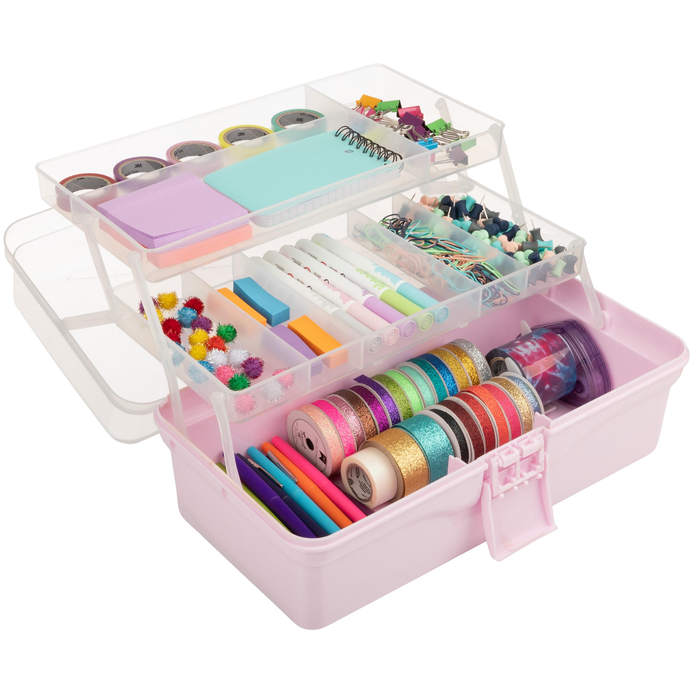 Photo 1 of 14” Plastic Tackle Box Organizer - 3-Layer Portable Sewing Box, Art Caddy, Craft Storage, First Aid Medicine Utility Toolbox or Hair Accessories Organizer with Latch and Handle by Stalwart (Pink)