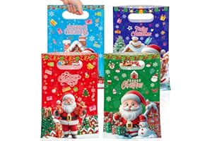 LITMITFU 50 Pcs Merry Christmas Gift Bags with Handles-Cute Xmas Goodie Bag Santa Claus Plastic Goody Candy Cookie Snack Treat Party Favor Bags Bulk for Winter Holiday Christmas Party Supplies Favors, 4 Style