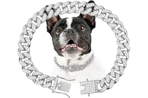 THAMIAO Dog Chain Collar Silver Dog Necklace Diamond Cuban Link Dog Collar 13mm Wide Metal Pet Cat Dog Chain Crystal Collar Jewelry Accessories for Large Medium Small Dogs Cats(Silver,10 Inch)