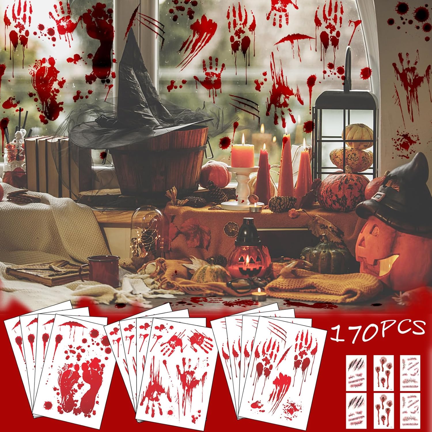 Window Treatments - 170PCS Halloween Bloody Handprints & Footprints Window/Wall Stickers - an All-in-One DIY Decor Kit for Halloween Party, Including Extra Tattoo Stickers, Ideal for Haunted House Themes - 18 Sheets