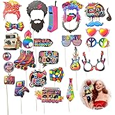 Ryetvok 30Pcs 80s Party Decorations Photo Booth Props, DIY 80s Themed Party Decorations for Birthday & Retro Gatherings,Disco Party Photo Booth Props with 30 Wooden Sticks