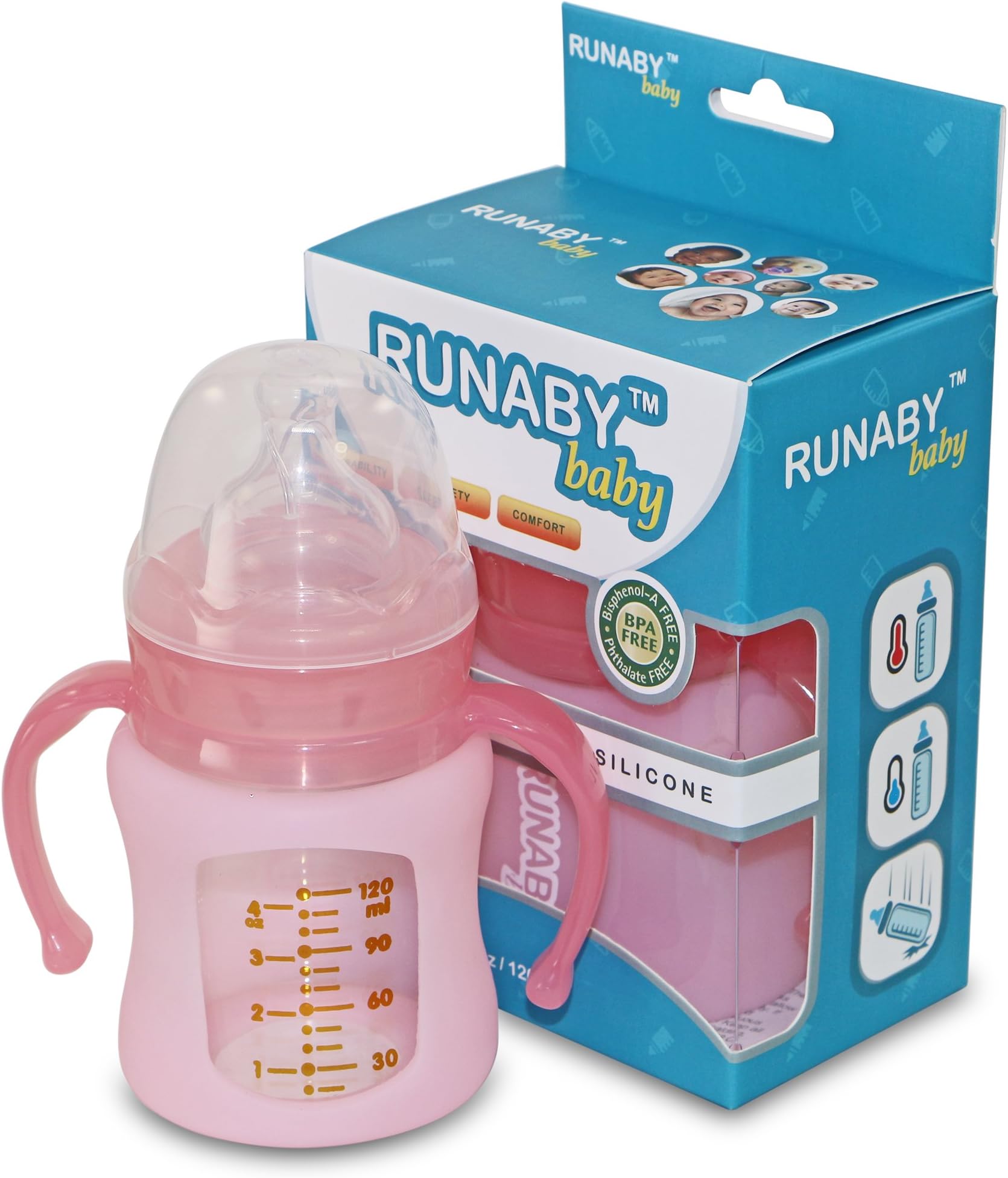 Glass Baby Bottle Sippy with Silicone Sleeve (4oz/8oz Gift Pack, Pink)
