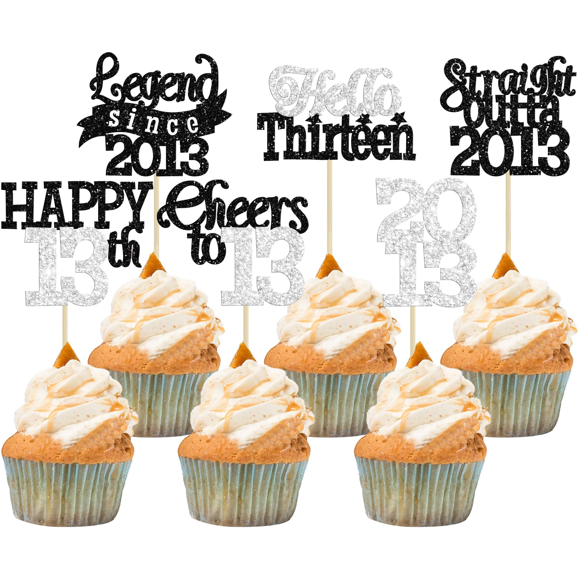 Gyufise 24Pcs Happy 13th Birthday Cupcake Toppers Hello Thirteen Legend Since 2013 Cupcake Picks Cheers to 13 Years Cake Decorations for 13th Birthday Anniversary Party Supplies Black Silver